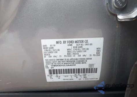 2020 Ford Explorer Xlt из США, поврежденный, VIN 1FMSK8DH2LGA42291